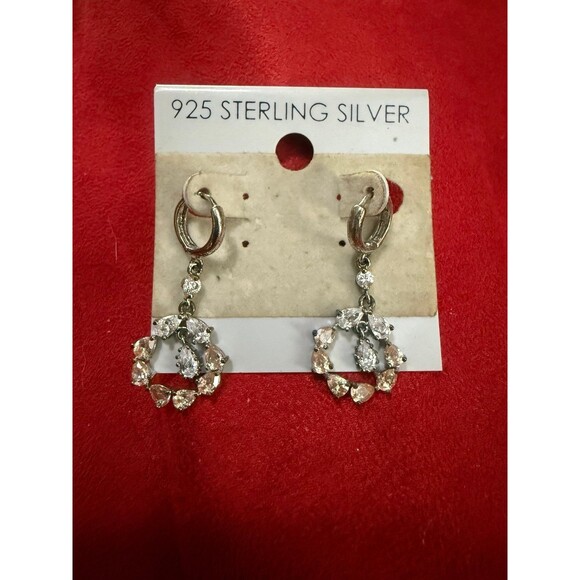 925 Sterling Silver Dangle Earrings Teardrop Cubic Zirconia Circle Design 2 Tone - Picture 1 of 6